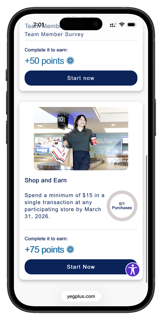 Pantalla de acumulación de YEGplus que muestra una encuesta para miembros del equipo que otorga puntos y un reto de compra con un anillo de progreso