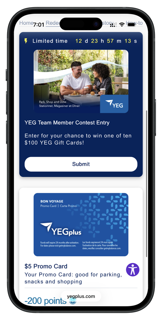 Pantalla de recompensas de YEGplus que muestra un concurso por tiempo limitado con cuenta regresiva y una tarjeta promocional canjeable para estacionamiento, snacks y compras
